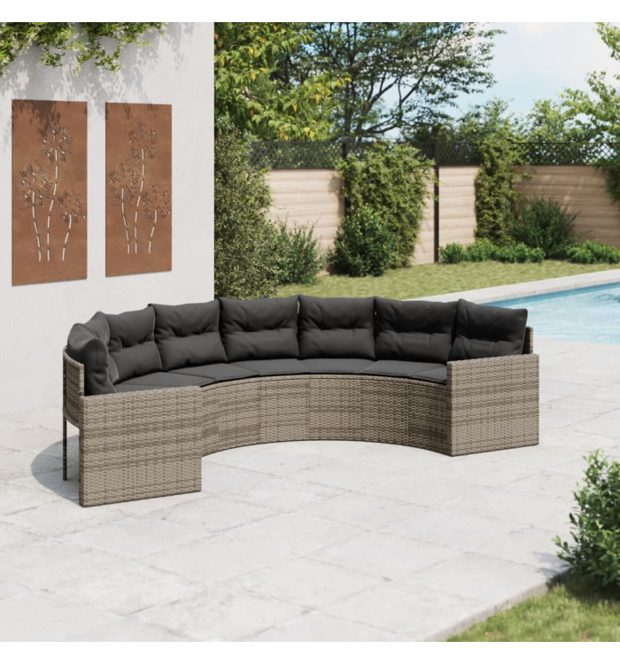 Canapé de jardin avec coussins demi-rond gris résine tressée | Mobilier & Déco