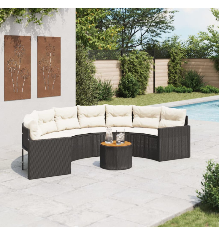 Canapé de jardin table coussins demi-rond noir résine tressée | Mobilier & Déco