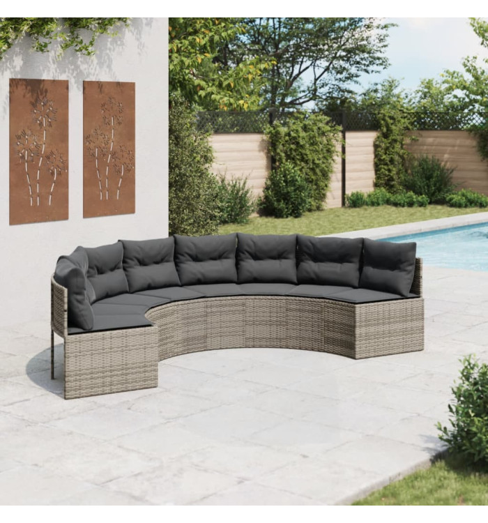 Canapé de jardin avec coussins demi-rond gris résine tressée | Mobilier & Déco