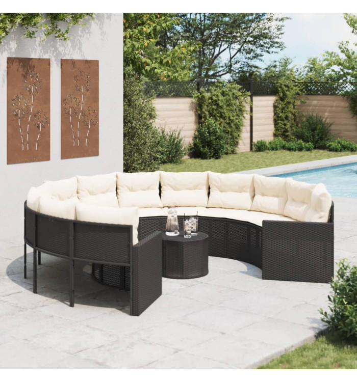 Canapé de jardin avec table coussins rond noir résine tressée | Mobilier & Déco