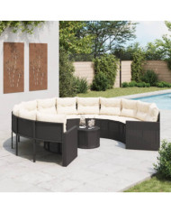 Canapé de jardin avec table coussins rond noir résine tressée | Mobilier & Déco