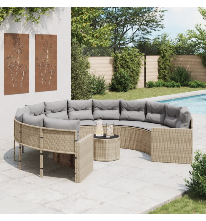 Canapé de jardin avec table coussins rond beige résine tressée | Mobilier & Déco