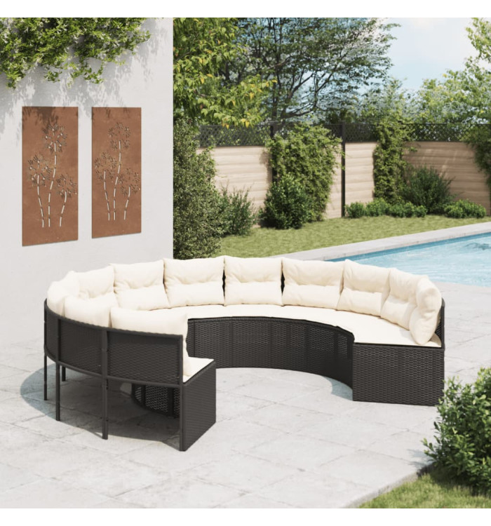 Canapé de jardin avec coussins rond noir résine tressée | Mobilier & Déco