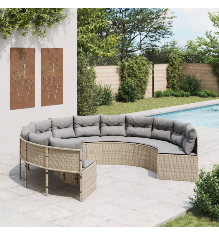 Canapé de jardin avec coussins rond beige résine tressée | Mobilier & Déco