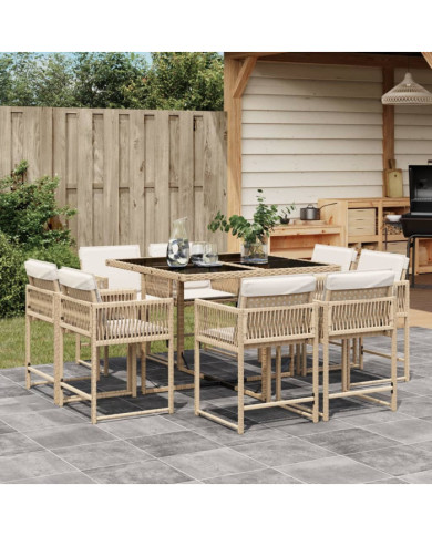 Ensemble à manger de jardin et coussins 9 pcs beige Poly rotin | Mobilier & Déco