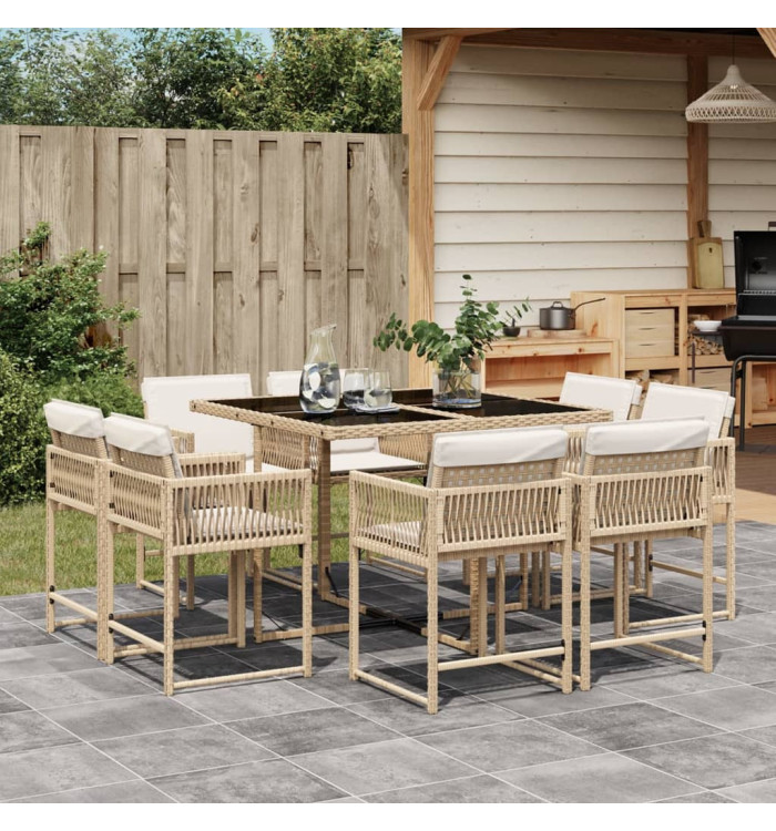 Ensemble à manger de jardin et coussins 9 pcs beige Poly rotin | Mobilier & Déco