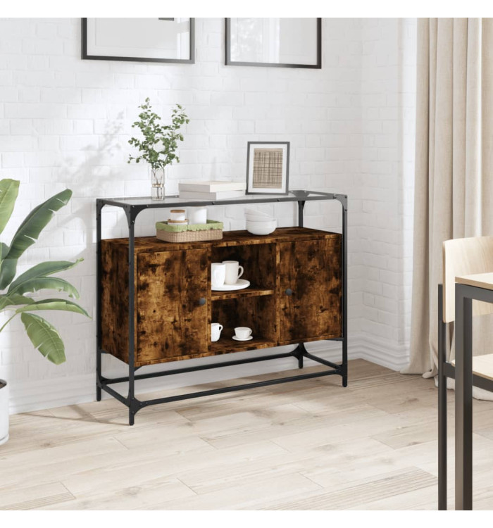 Buffet avec dessus en verre chêne fumé bois d'ingénierie | Mobilier & Déco