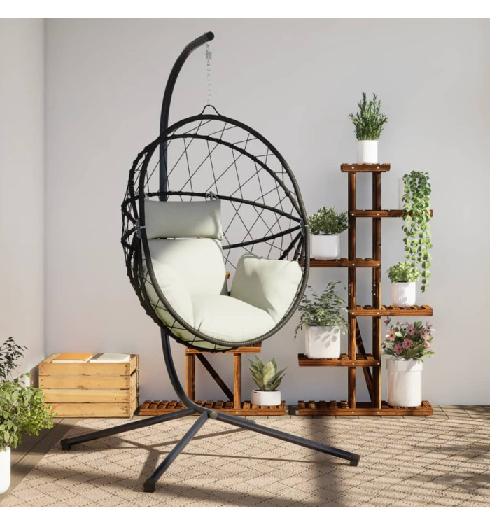 Chaise suspendue en forme d'œuf et support beige rotin et acier | Mobilier & Déco