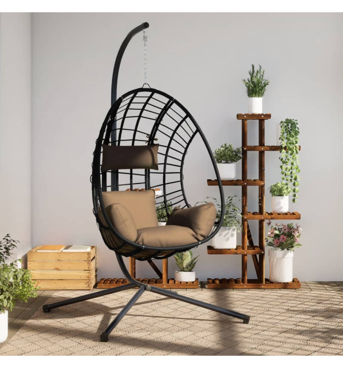 Chaise suspendue en forme d'œuf et support taupe rotin et acier | Mobilier & Déco