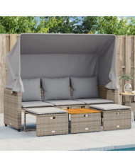 Canapé de jardin 3 places avec auvent et tabourets gris rotin | Mobilier & Déco