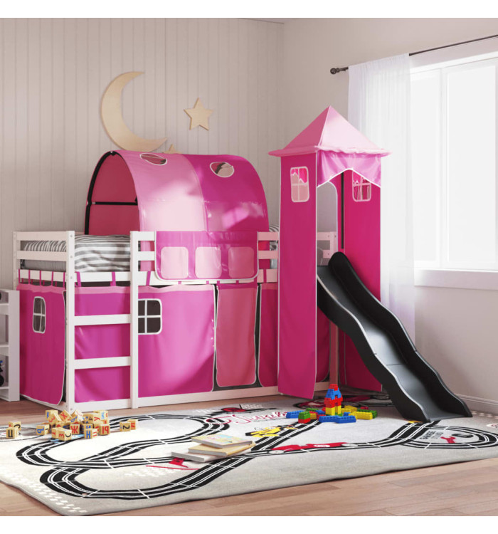 Lit superposé sans matelas avec toboggan et rideaux 80x200 cm | Mobilier & Déco