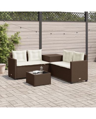 Canapé de jardin avec table et coussins en forme de L marron | Mobilier & Déco