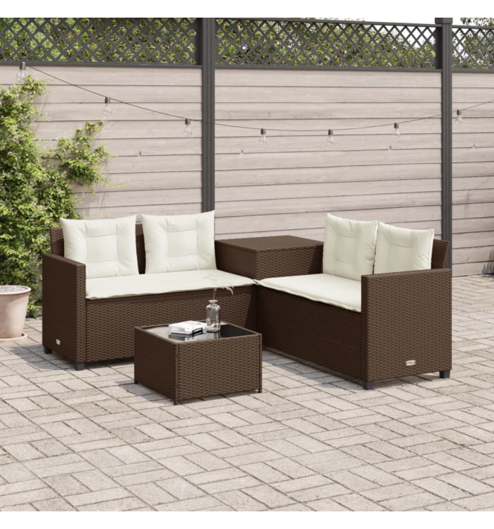 Canapé de jardin avec table et coussins en forme de L marron | Mobilier & Déco
