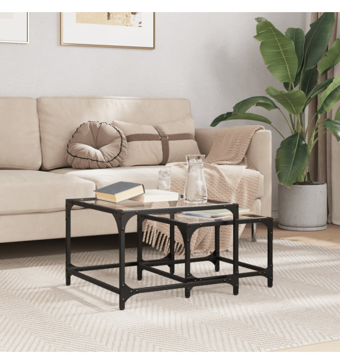Tables basses gigognes 2 pcs dessus en verre transparent acier | Mobilier & Déco