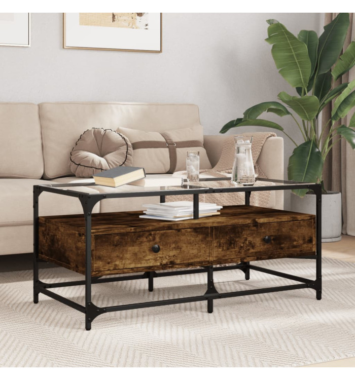 Table basse avec dessus en verre chêne fumé 98,5x50x45 cm acier | Mobilier & Déco