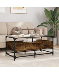 Table basse avec dessus en verre chêne fumé 98,5x50x45 cm acier | Mobilier & Déco
