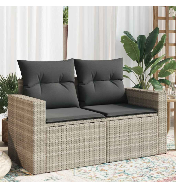 Canapé de jardin 2 places et coussins gris clair résine tressée | Mobilier & Déco