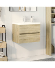 Ensemble de meubles de bain 2pcs céramique et bois d'ingénierie | Mobilier & Déco