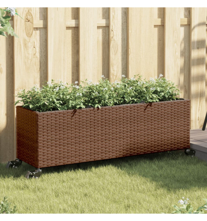 Jardinière avec roulettes et 3 pots marron 107x32x38 cm rotin | Mobilier & Déco