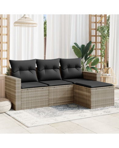 Salon de jardin 4 pcs avec coussins gris clair résine tressée | Mobilier & Déco