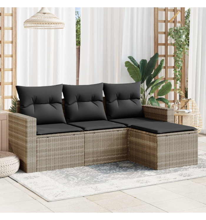 Salon de jardin 4 pcs avec coussins gris clair résine tressée | Mobilier & Déco