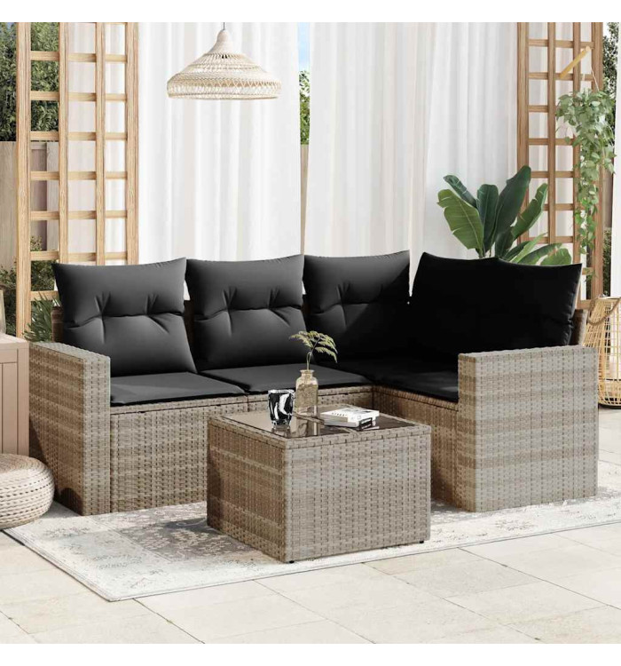 Salon de jardin 5 pcs avec coussins gris clair résine tressée | Mobilier & Déco