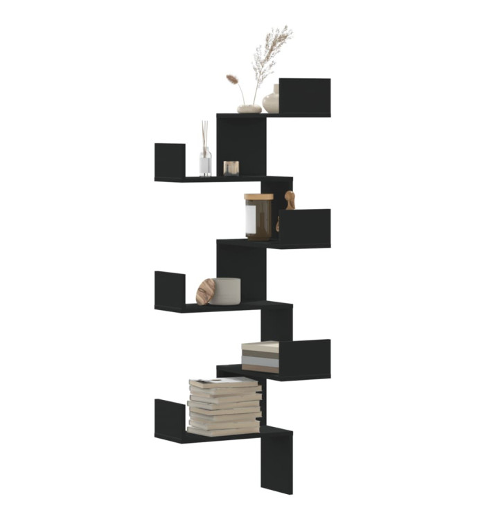 Étagère murale d'angle noir 45x45x147 cm bois d'ingénierie | Mobilier & Déco