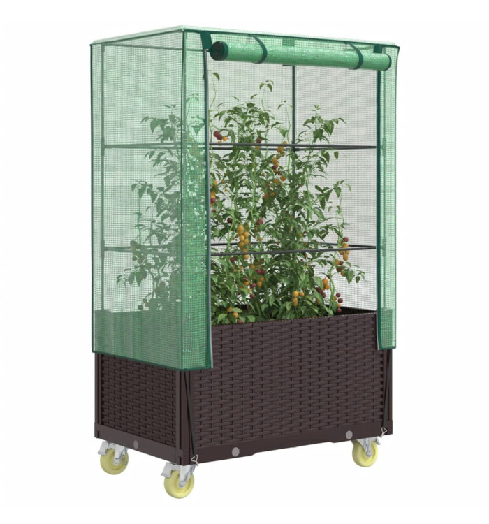 Jardinière surélevée avec housse et roues aspect rotin | Mobilier & Déco