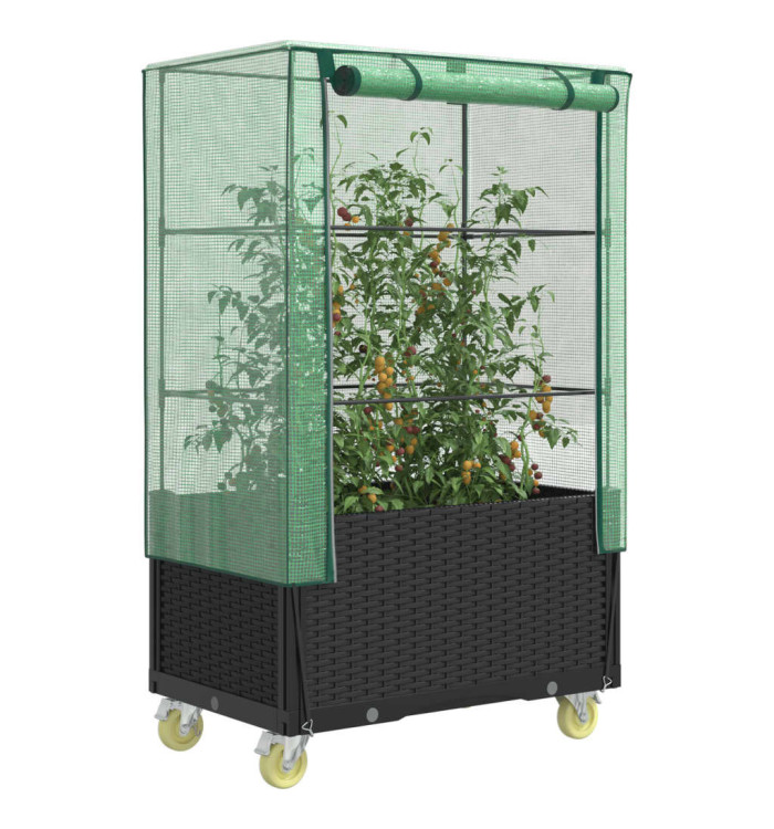 Jardinière surélevée avec housse et roues aspect rotin | Mobilier & Déco