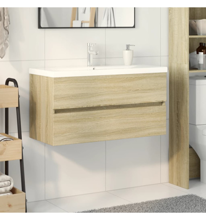 Ensemble de meubles de bain 2pcs céramique et bois d'ingénierie | Mobilier & Déco