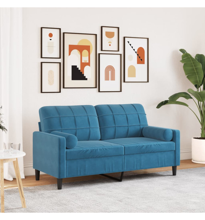 Canapé 2 places avec oreillers décoratifs bleu 140 cm velours | Mobilier & Déco