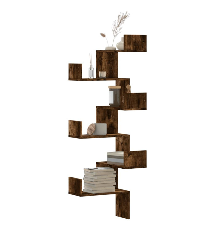 Étagère d'angle murale chêne fumé 45x45x147cm bois d'ingénierie | Mobilier & Déco