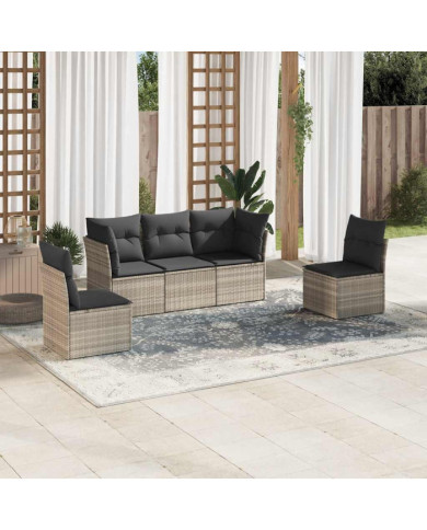 Salon de jardin 5 pcs avec coussins gris clair résine tressée | Mobilier & Déco