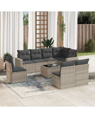 Salon de jardin 9 pcs avec coussins gris clair résine tressée | Mobilier & Déco