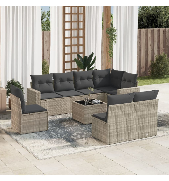 Salon de jardin 9 pcs avec coussins gris clair résine tressée | Mobilier & Déco