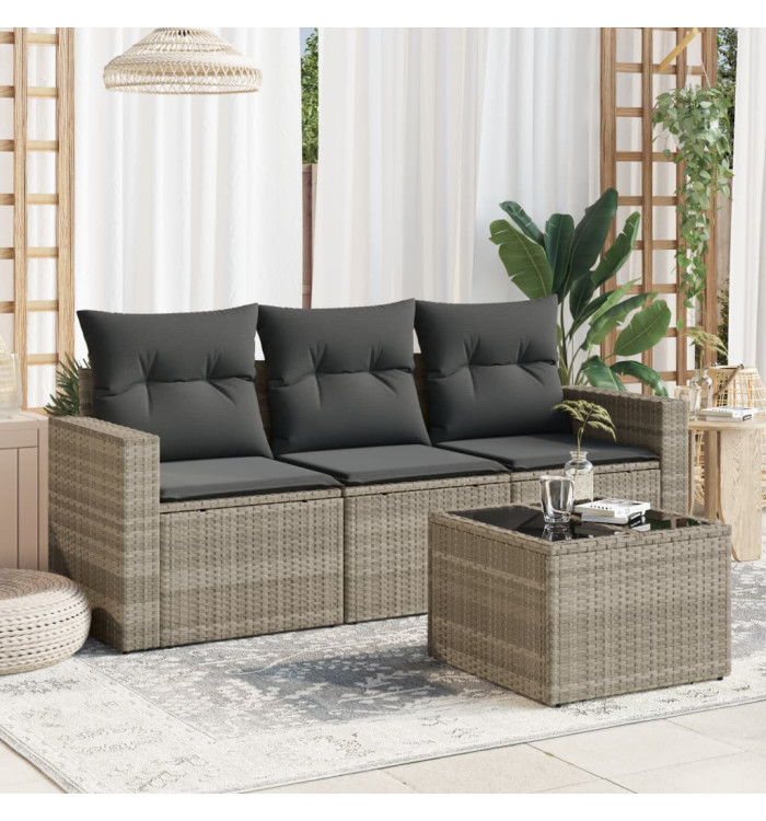Salon de jardin 4 pcs avec coussins gris clair résine tressée | Mobilier & Déco