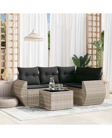 Salon de jardin 5 pcs avec coussins gris clair résine tressée | Mobilier & Déco