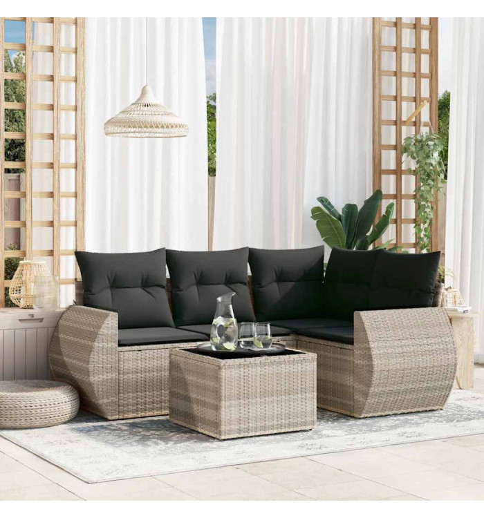 Salon de jardin 5 pcs avec coussins gris clair résine tressée | Mobilier & Déco