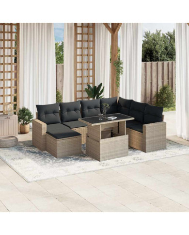 Salon de jardin 8 pcs avec coussins gris clair résine tressée | Mobilier & Déco