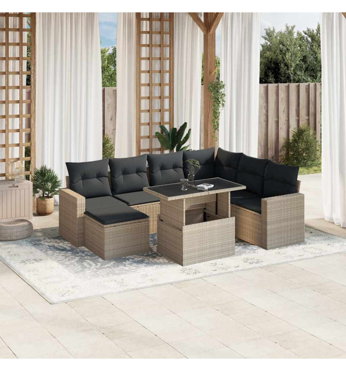 Salon de jardin 8 pcs avec coussins gris clair résine tressée | Mobilier & Déco