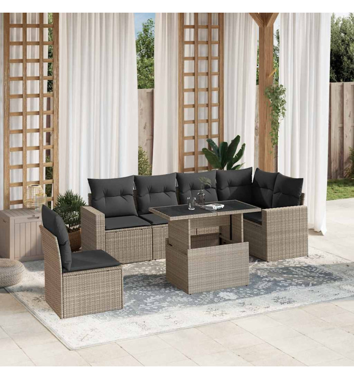 Salon de jardin avec coussins 7 pcs gris clair résine tressée | Mobilier & Déco