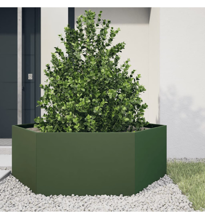 Jardinière vert olive hexagone 138x120x45 cm acier | Mobilier & Déco
