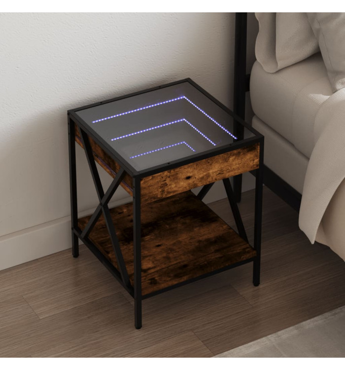 Table de chevet avec LED infini chêne fumé 40x40x49 cm | Mobilier & Déco