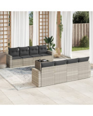 Salon de jardin 9 pcs avec coussins gris clair résine tressée | Mobilier & Déco