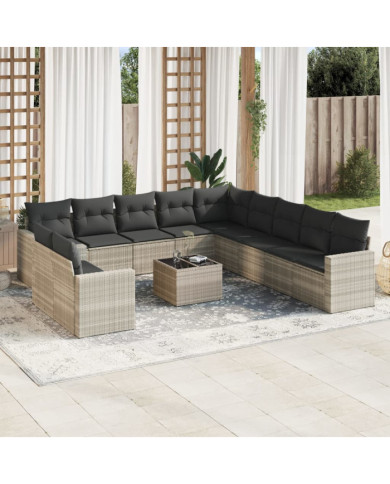 Salon de jardin avec coussins 12 pcs gris clair résine tressée | Mobilier & Déco