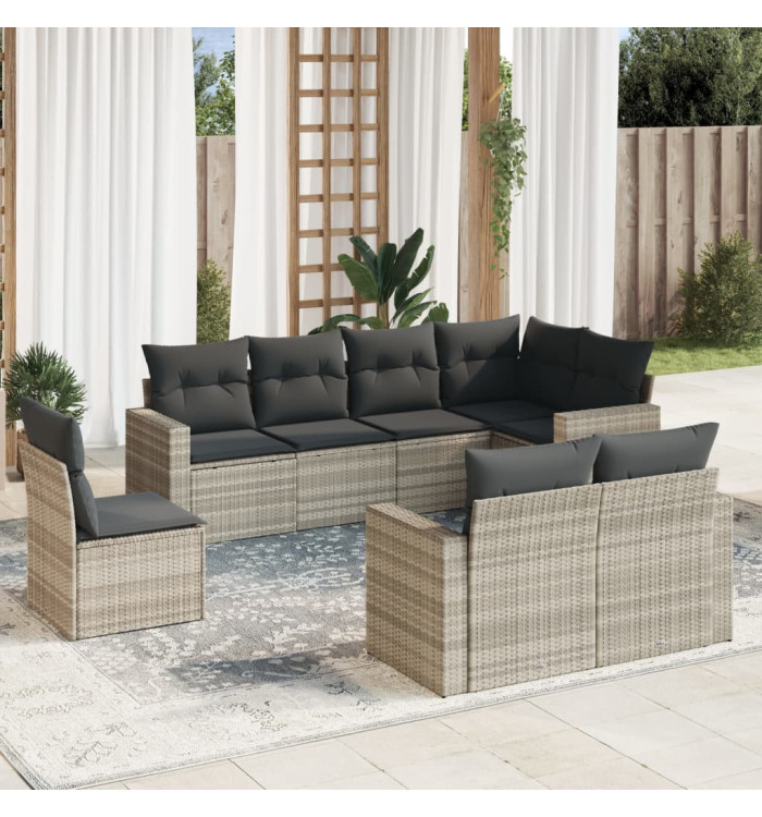 Salon de jardin 8 pcs avec coussins gris clair résine tressée | Mobilier & Déco