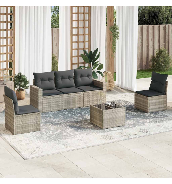 Salon de jardin 6 pcs avec coussins gris clair résine tressée | Mobilier & Déco