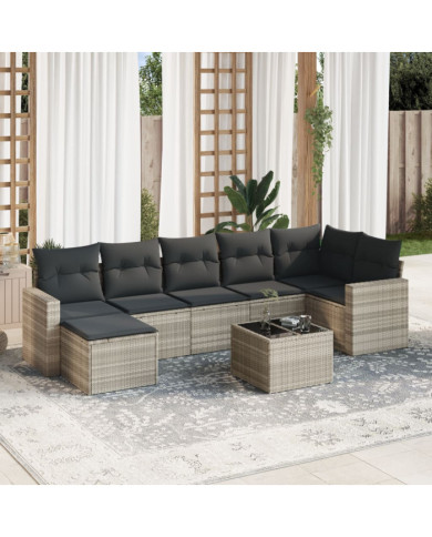 Salon de jardin 8 pcs avec coussins gris clair résine tressée | Mobilier & Déco