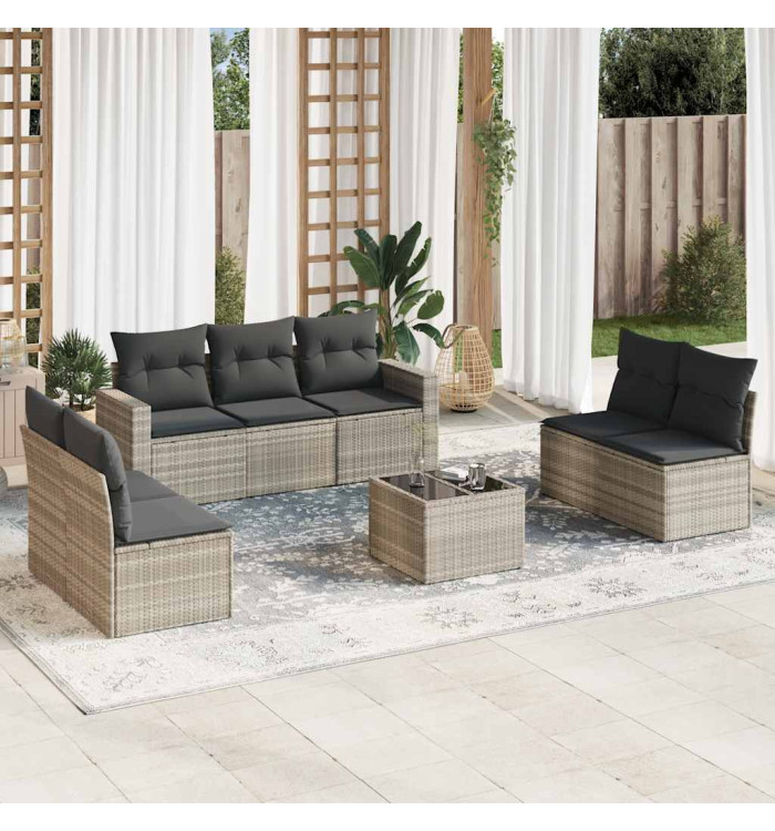 Salon de jardin 8 pcs avec coussins gris clair résine tressée | Mobilier & Déco