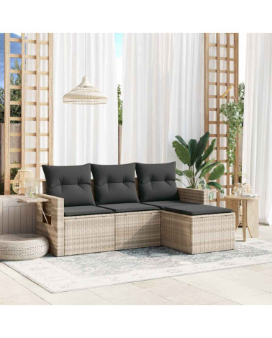 Salon de jardin 4 pcs avec coussins gris clair résine tressée | Mobilier & Déco